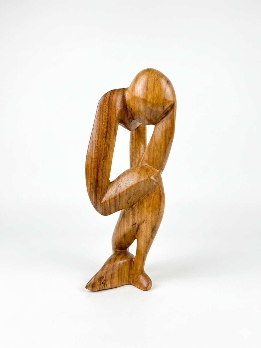Vintage Hand-Carved Wooden Thinking Man Sculpture – MCM Inspired – 7.5" Tall